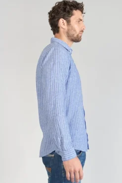Le Temps des Cerises Chemise Bolko En Lin Melange Bleu Ciel Peacoat Cheap