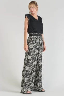 Le Temps des Cerises Pantalon Fluide Luisa A Motif Fleuri Noir Et Blanc Black Flower Discount