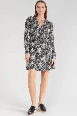 Le Temps des Cerises Robe Edwina A Motif Fleuri Noir Et Blanc Black Flower Cheap
