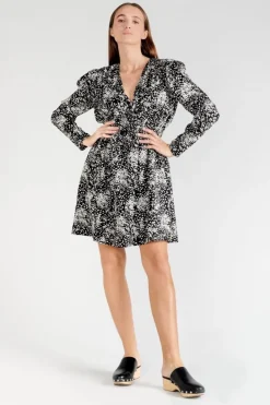 Le Temps des Cerises Robe Edwina A Motif Fleuri Noir Et Blanc Black Flower Cheap