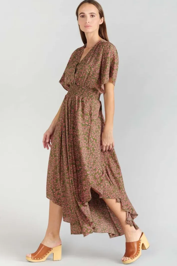 Le Temps des Cerises Robe Longue Yaka Kaki A Motif Fleuri Khaki Flowers Best