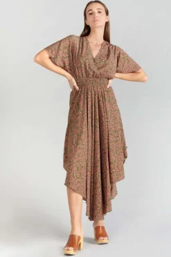 Le Temps des Cerises Robe Longue Yaka Kaki A Motif Fleuri Khaki Flowers Best