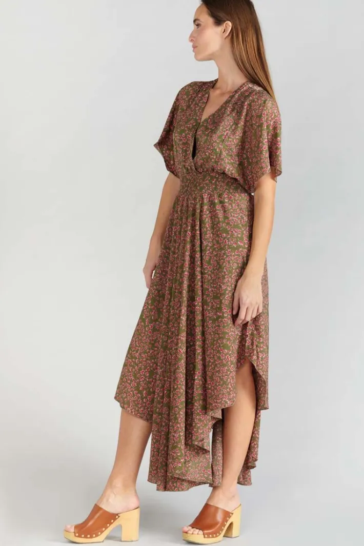 Le Temps des Cerises Robe Longue Yaka Kaki A Motif Fleuri Khaki Flowers Best