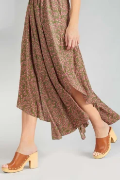 Le Temps des Cerises Robe Longue Yaka Kaki A Motif Fleuri Khaki Flowers Best