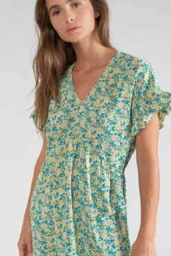 Le Temps des Cerises Robe Tate A Motif Fleuri Vert Et Bleu Liberty Blue Discount
