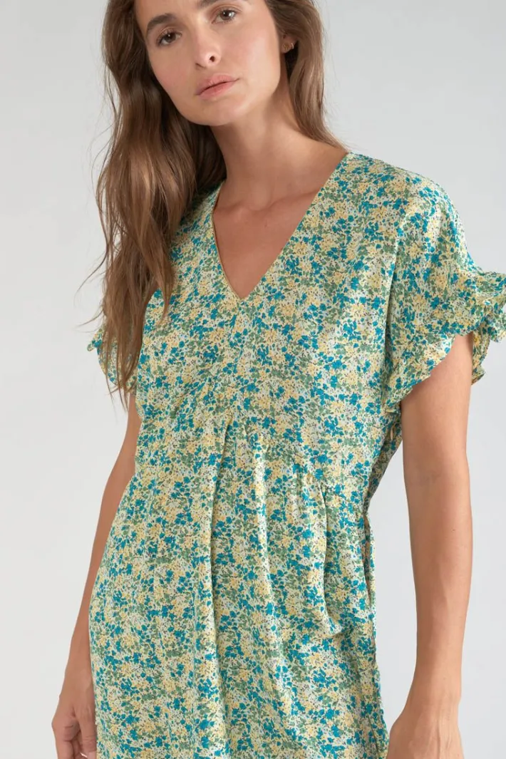 Le Temps des Cerises Robe Tate A Motif Fleuri Vert Et Bleu Liberty Blue Discount