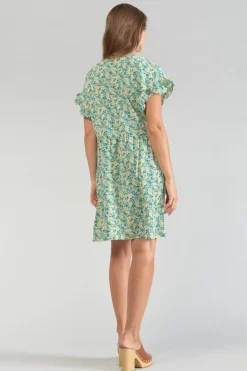 Le Temps des Cerises Robe Tate A Motif Fleuri Vert Et Bleu Liberty Blue Discount