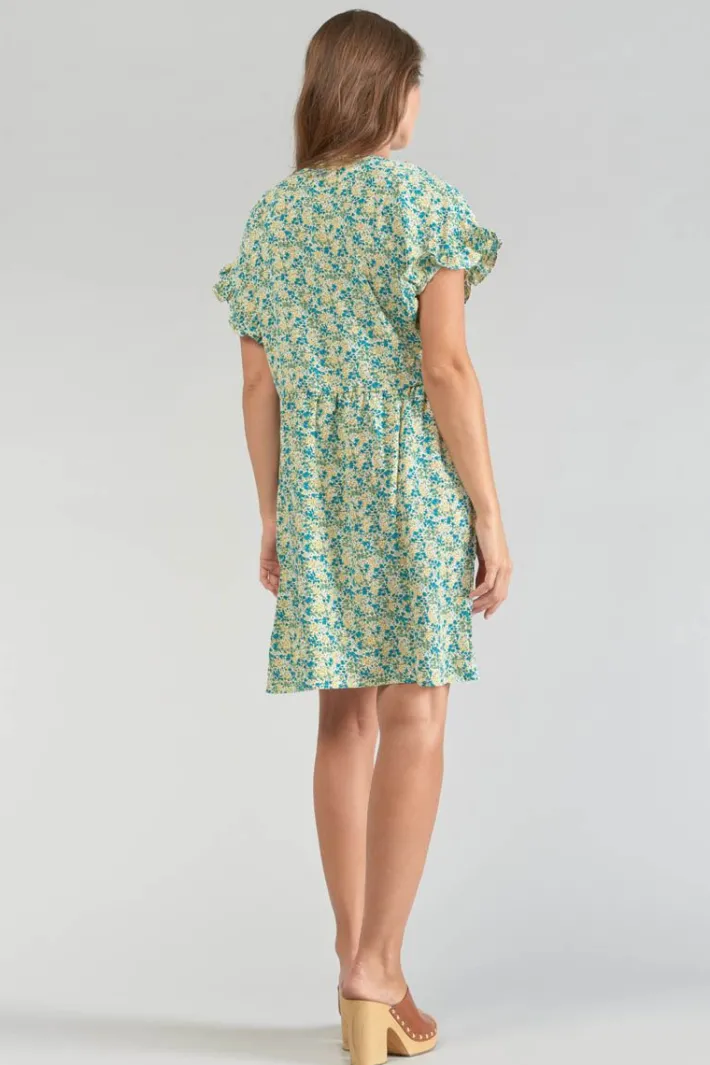 Le Temps des Cerises Robe Tate A Motif Fleuri Vert Et Bleu Liberty Blue Discount