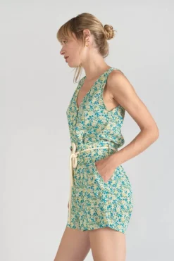 Le Temps des Cerises Short Lamet A Motif Fleuri Vert Et Bleu Liberty Blue Best Sale