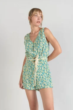 Le Temps des Cerises Short Lamet A Motif Fleuri Vert Et Bleu Liberty Blue Best Sale