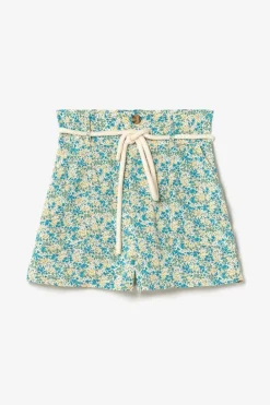 Le Temps des Cerises Short Lamet A Motif Fleuri Vert Et Bleu Liberty Blue Best Sale