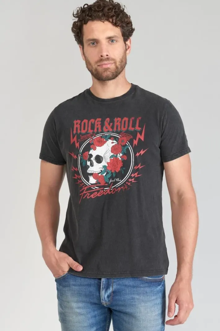 Le Temps des Cerises T-Shirt Stipe Gris Delave Imprime Black New