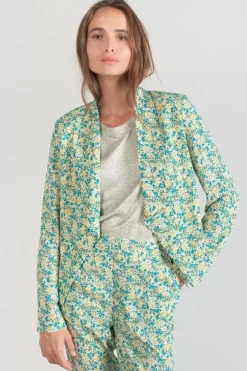 Le Temps des Cerises Veste Tasha A Motif Fleuri Vert Et Bleu Liberty Blue New